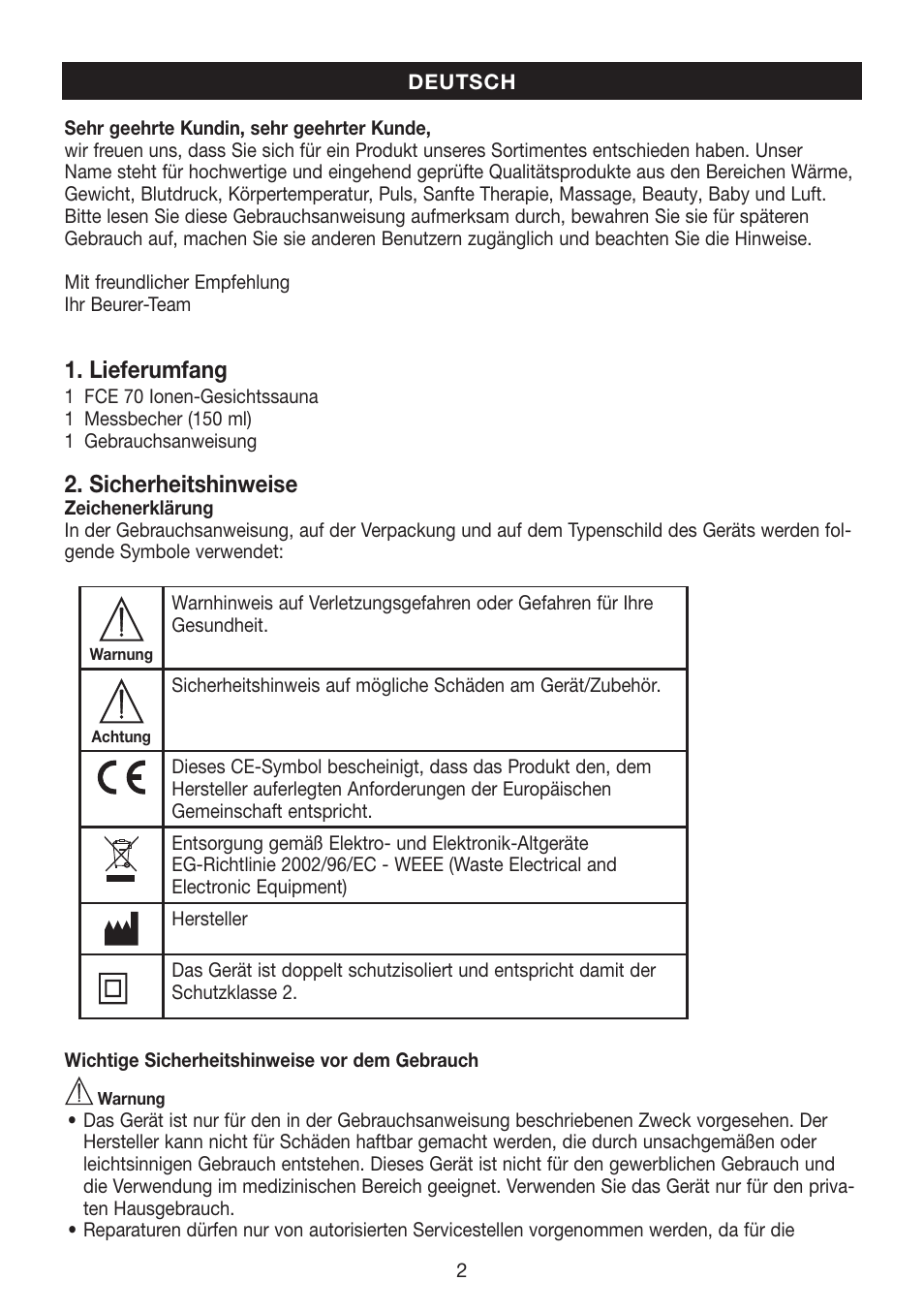 Lieferumfang, Sicherheitshinweise | Beurer FCE 70 User Manual | Page 2 / 68