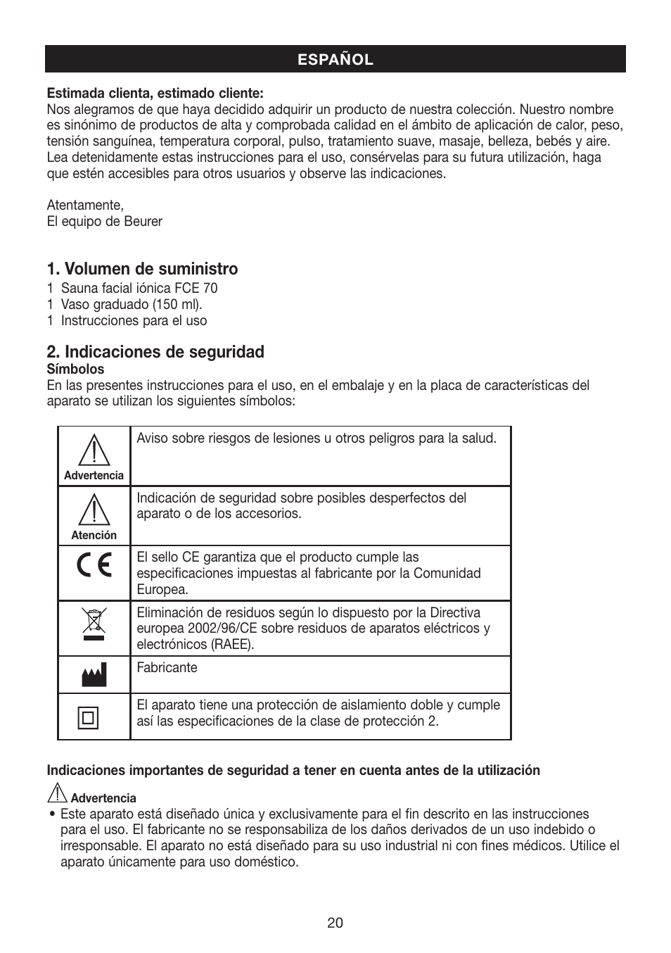 Volumen de suministro, Indicaciones de seguridad | Beurer FCE 70 User Manual | Page 20 / 68