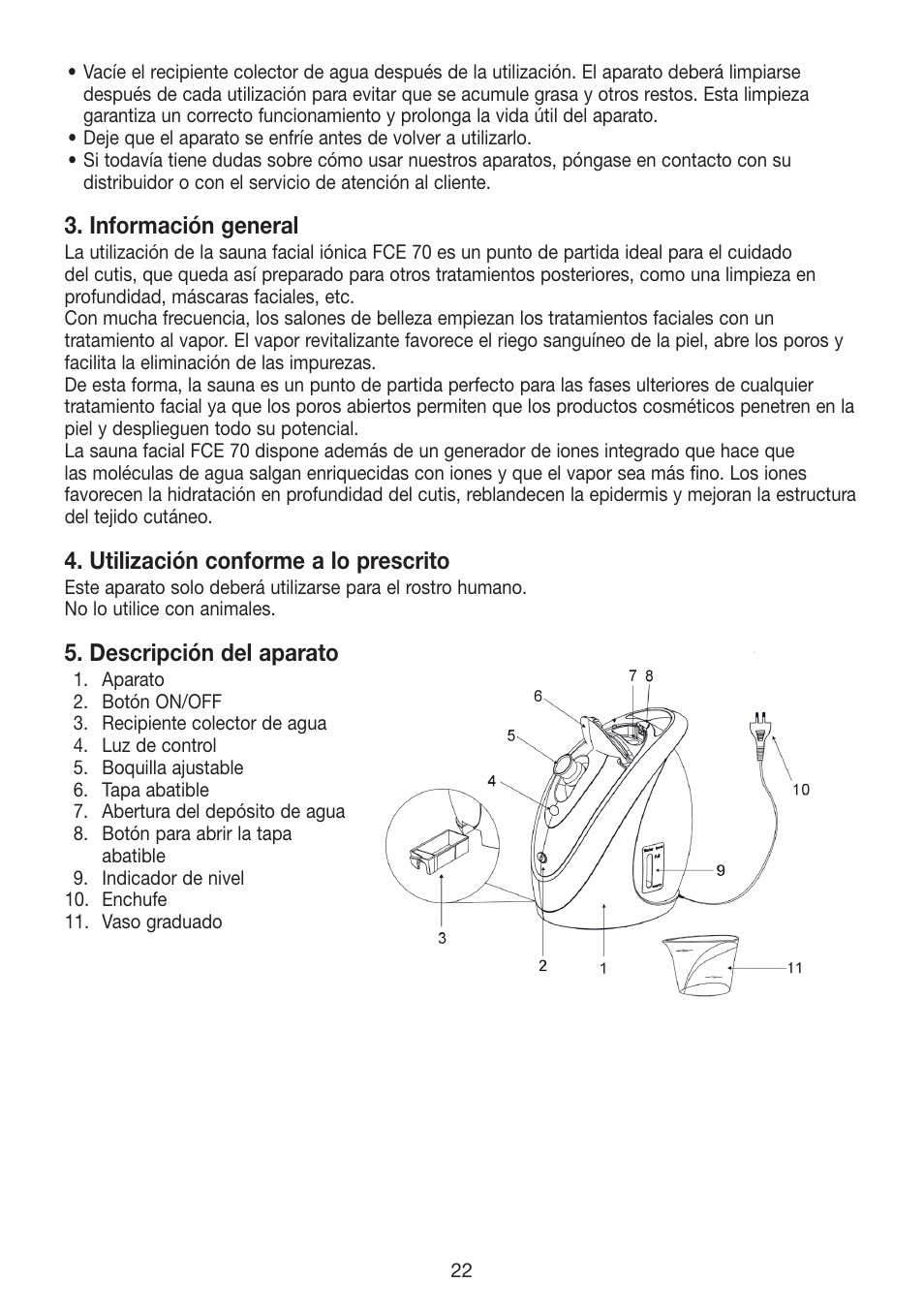 Información general, Utilización conforme a lo prescrito, Descripción del aparato | Beurer FCE 70 User Manual | Page 22 / 68