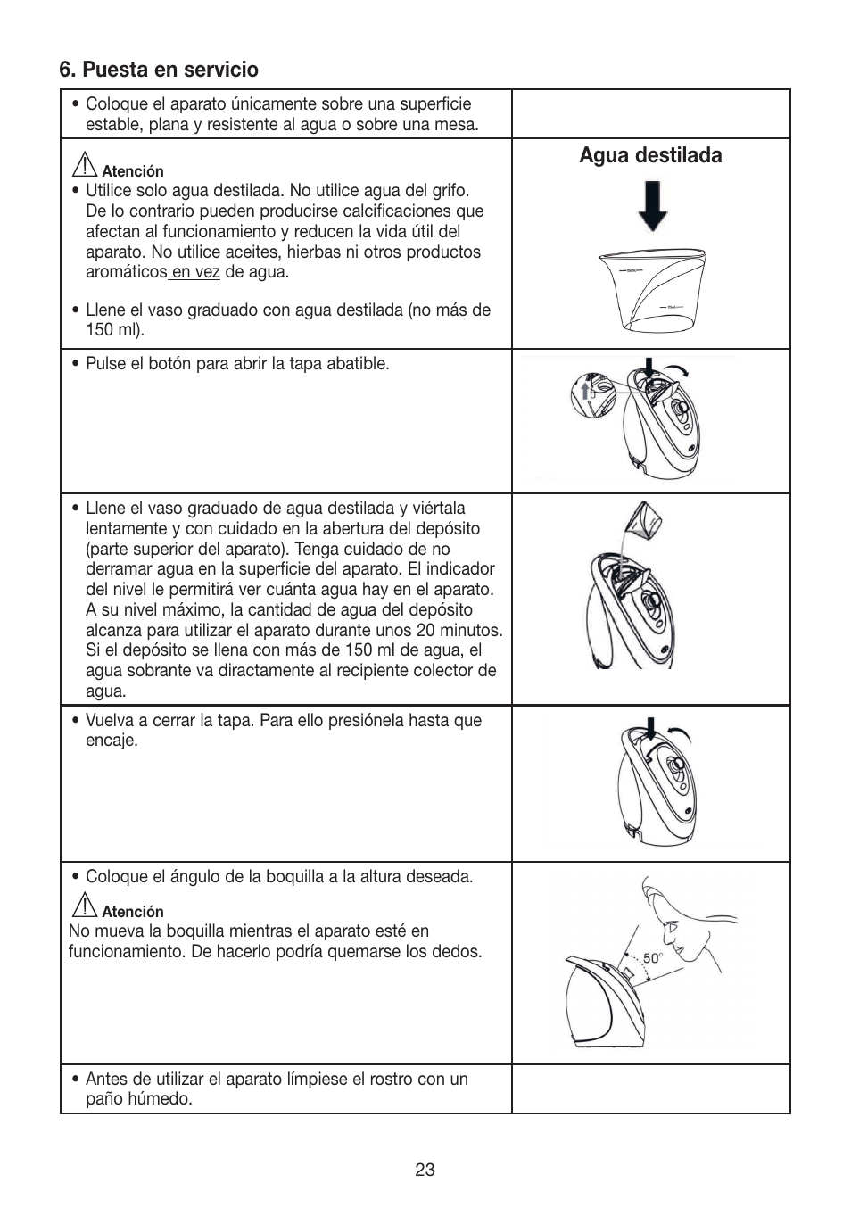 Puesta en servicio, Agua destilada | Beurer FCE 70 User Manual | Page 23 / 68