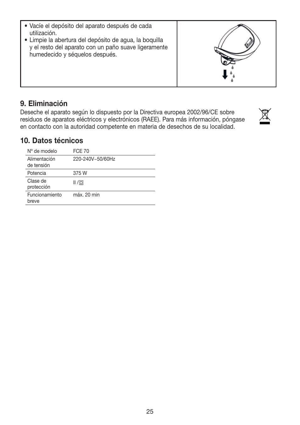 Eliminación, Datos técnicos | Beurer FCE 70 User Manual | Page 25 / 68