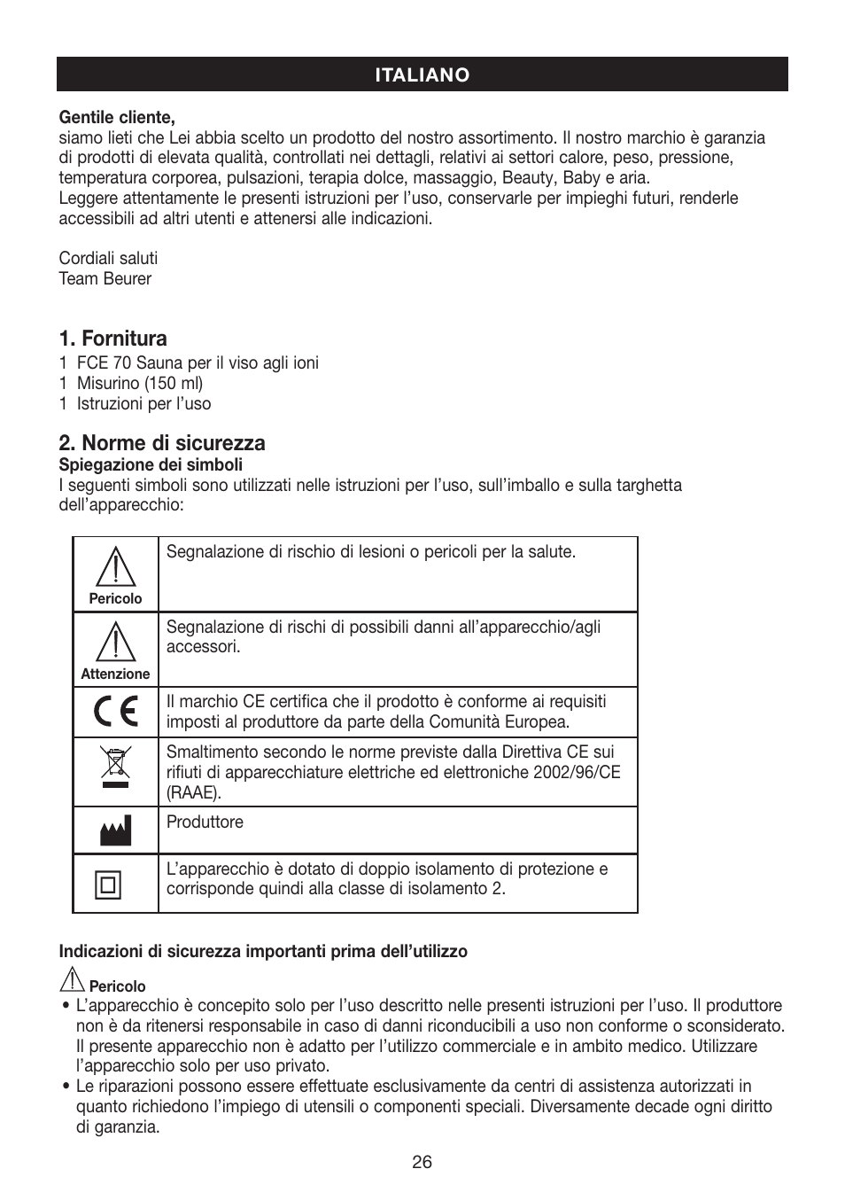 Fornitura, Norme di sicurezza | Beurer FCE 70 User Manual | Page 26 / 68