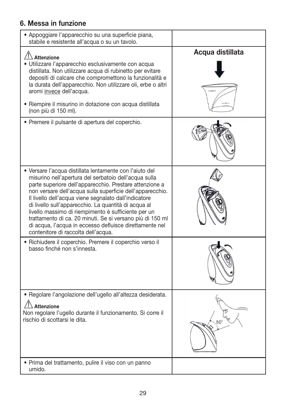 Messa in funzione, Acqua distillata | Beurer FCE 70 User Manual | Page 29 / 68