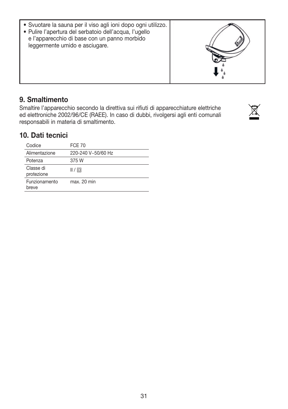 Smaltimento, Dati tecnici | Beurer FCE 70 User Manual | Page 31 / 68