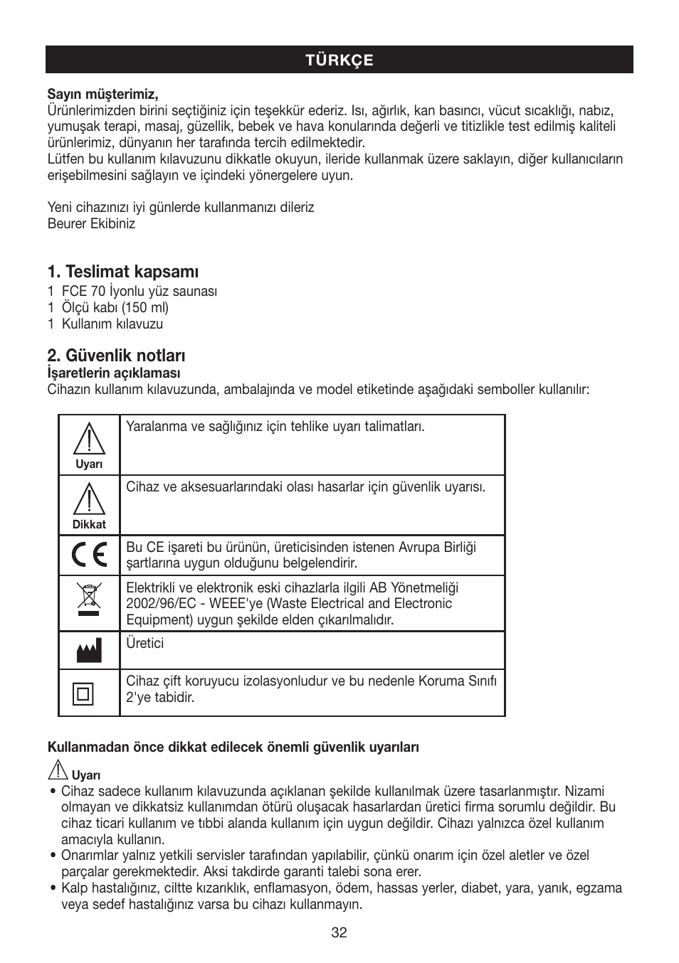Teslimat kapsamı, Güvenlik notları | Beurer FCE 70 User Manual | Page 32 / 68