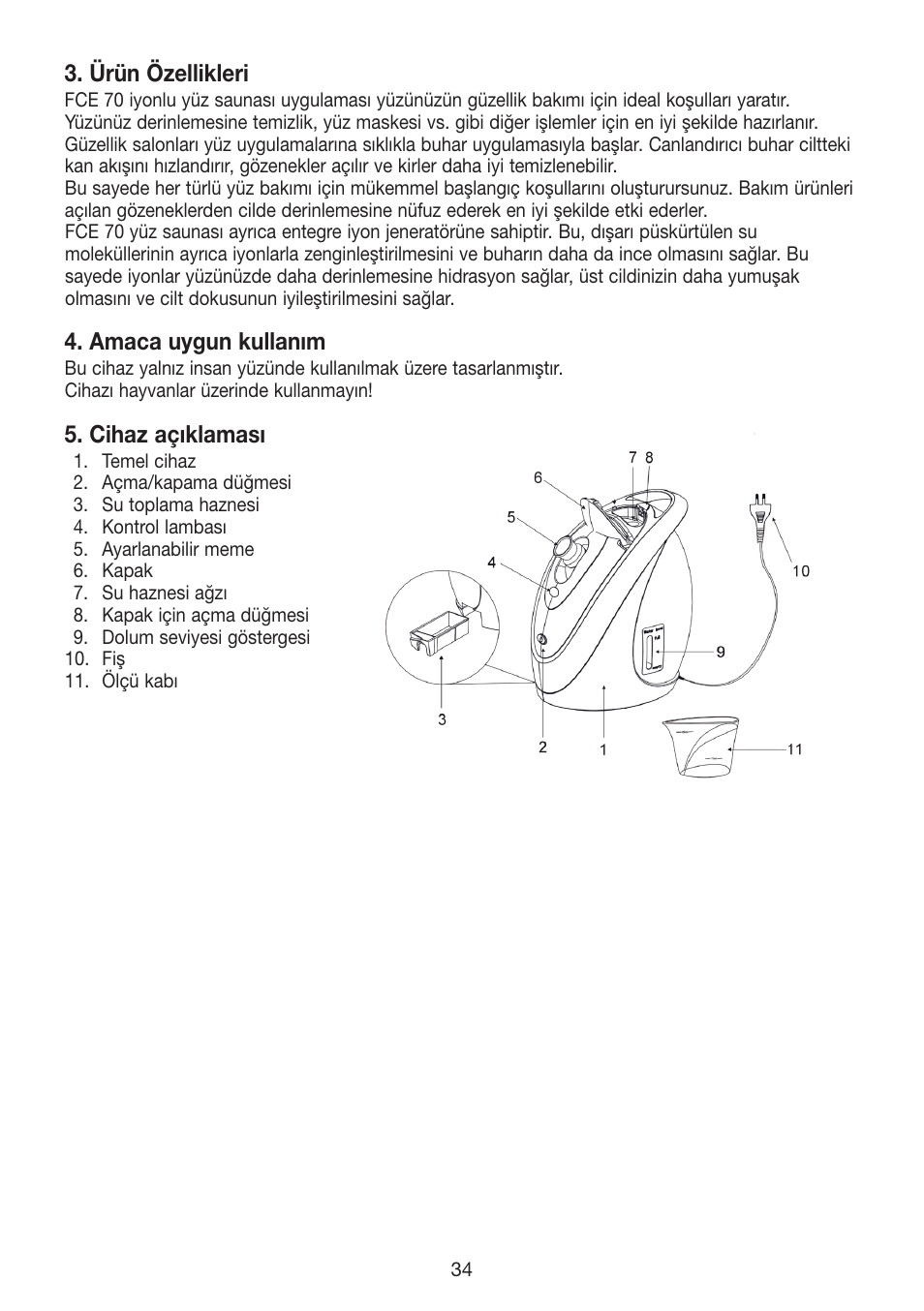 Ürün özellikleri, Amaca uygun kullanım, Cihaz açıklaması | Beurer FCE 70 User Manual | Page 34 / 68