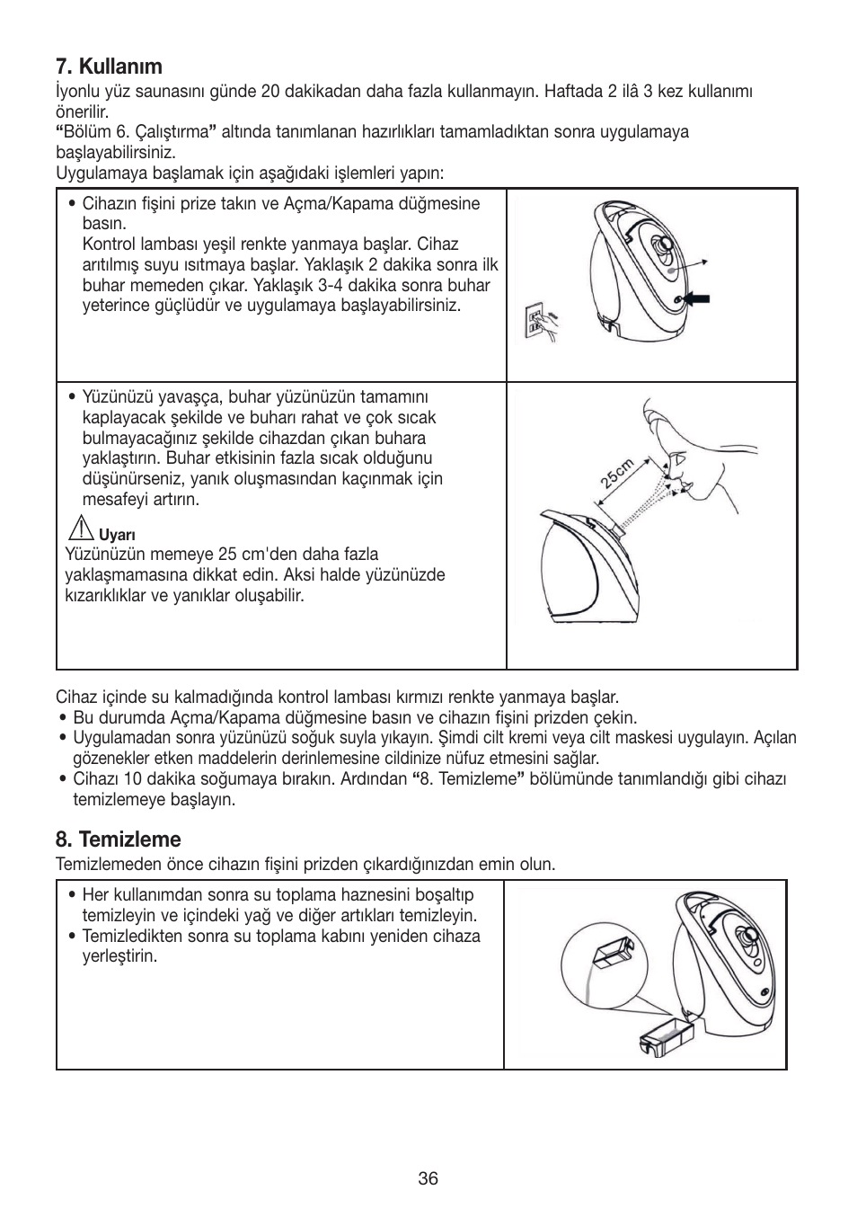 Kullanım, Temizleme | Beurer FCE 70 User Manual | Page 36 / 68