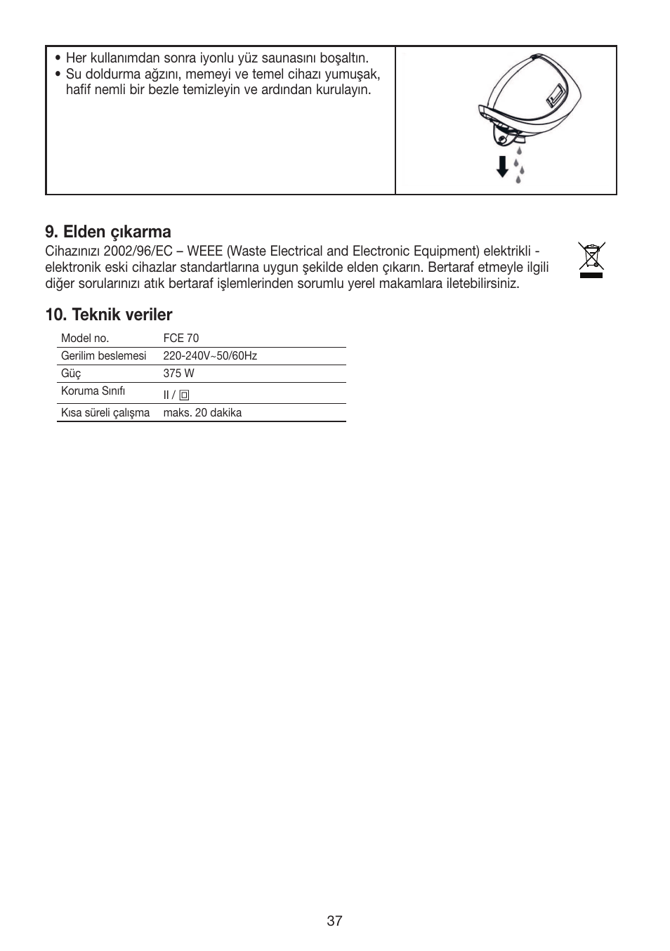 Elden çıkarma, Teknik veriler | Beurer FCE 70 User Manual | Page 37 / 68