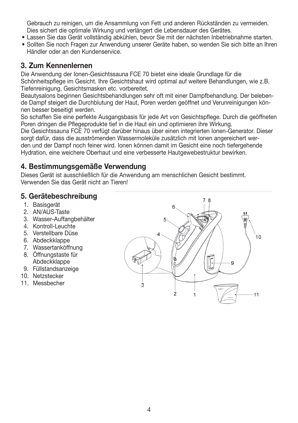 Zum kennenlernen, Bestimmungsgemäße verwendung, Gerätebeschreibung | Beurer FCE 70 User Manual | Page 4 / 68