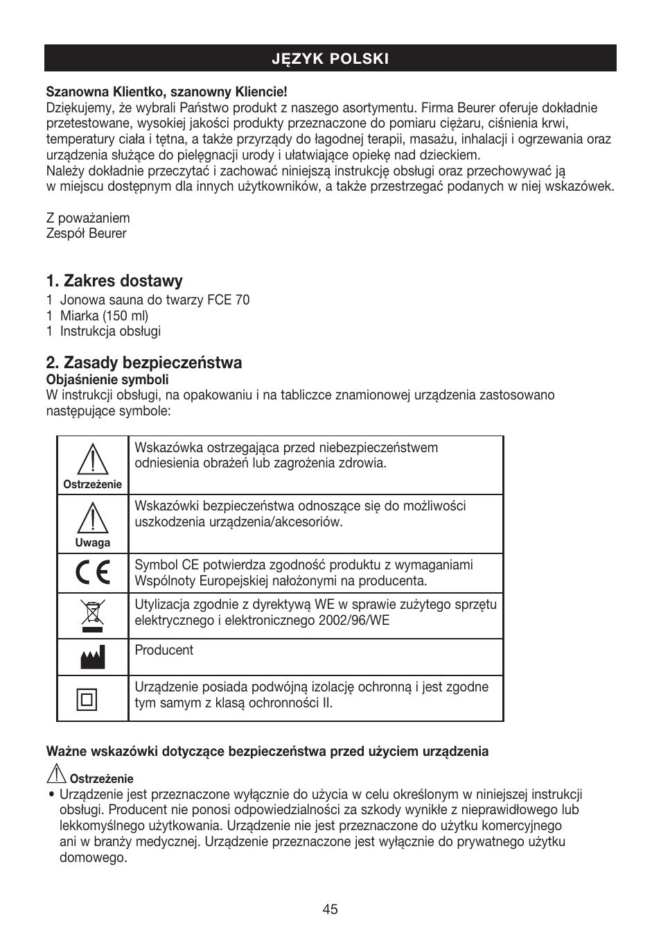 Zakres dostawy, Zasady bezpieczeństwa | Beurer FCE 70 User Manual | Page 45 / 68