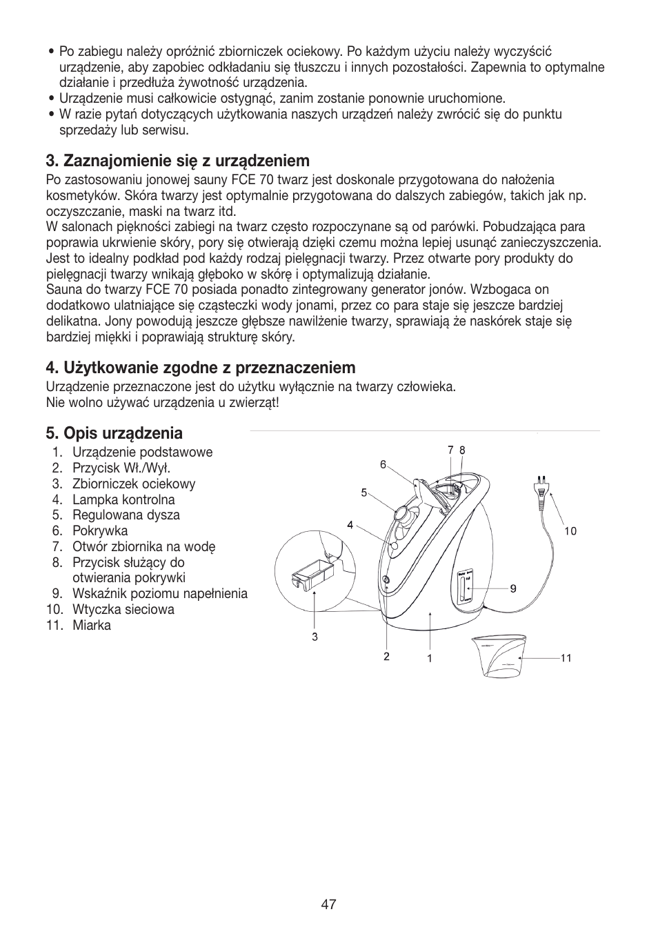 Zaznajomienie się z urządzeniem, Użytkowanie zgodne z przeznaczeniem, Opis urządzenia | Beurer FCE 70 User Manual | Page 47 / 68
