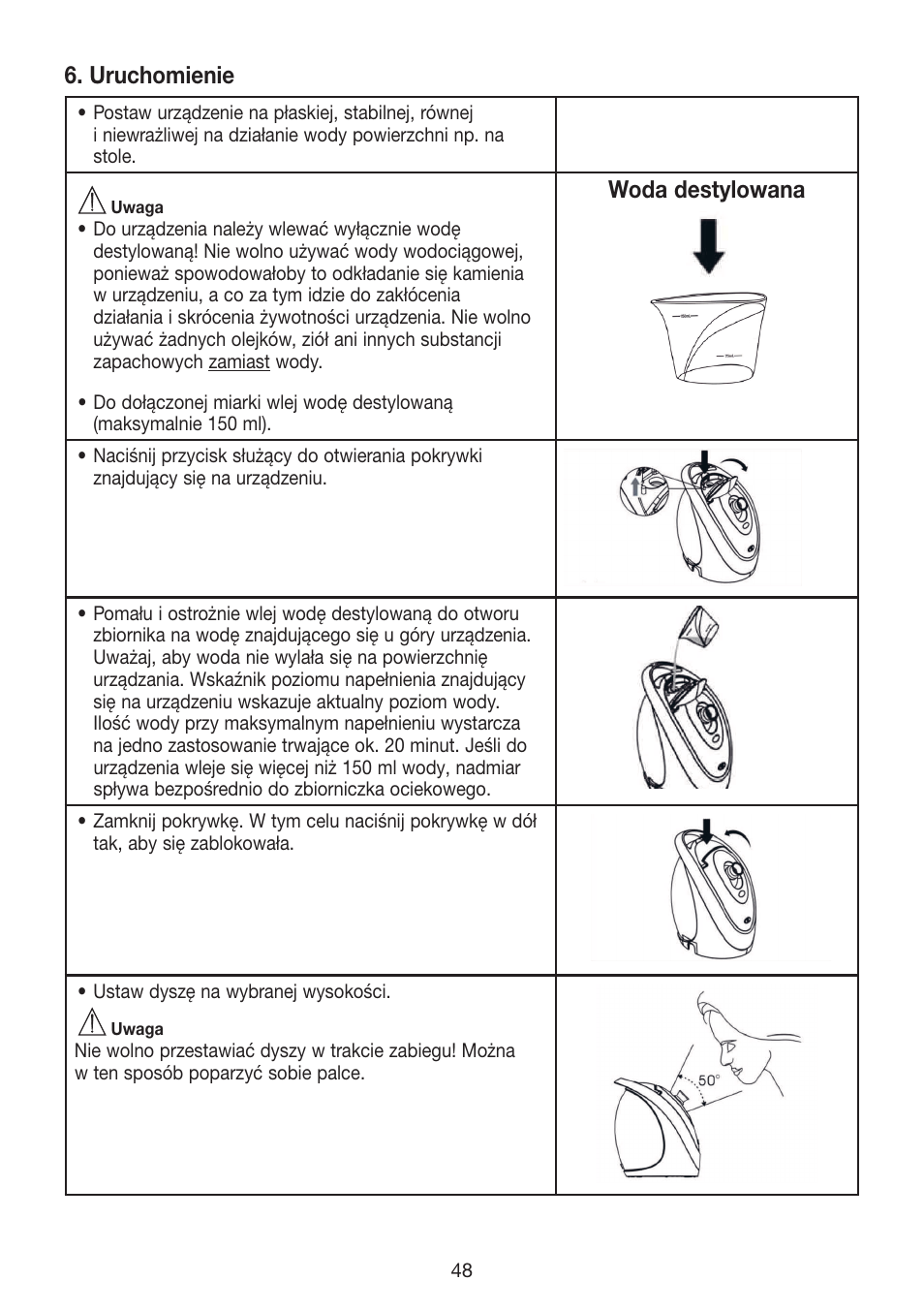 Uruchomienie, Woda destylowana | Beurer FCE 70 User Manual | Page 48 / 68