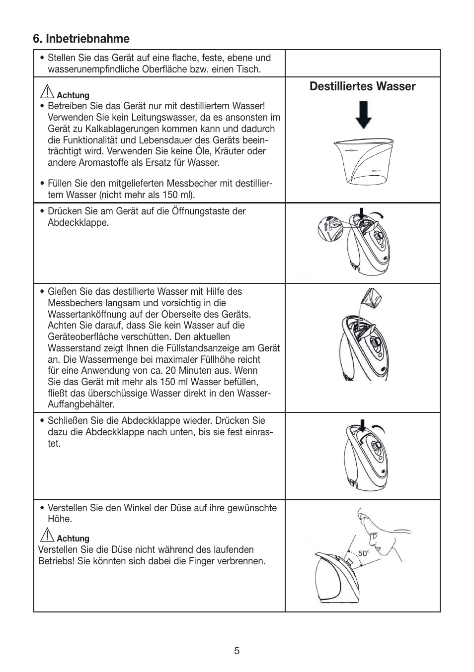 Inbetriebnahme, Destilliertes wasser | Beurer FCE 70 User Manual | Page 5 / 68