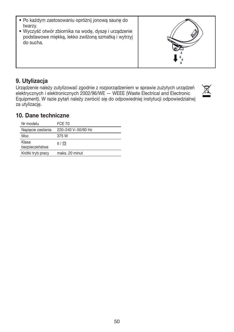 Utylizacja, Dane techniczne | Beurer FCE 70 User Manual | Page 50 / 68