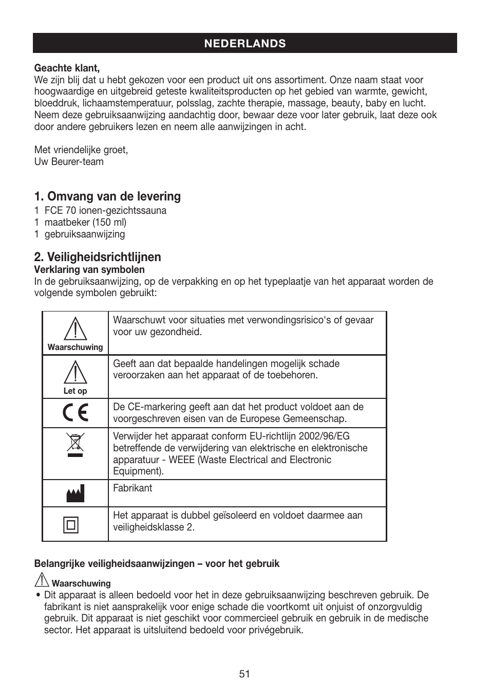 Omvang van de levering, Veiligheidsrichtlijnen | Beurer FCE 70 User Manual | Page 51 / 68