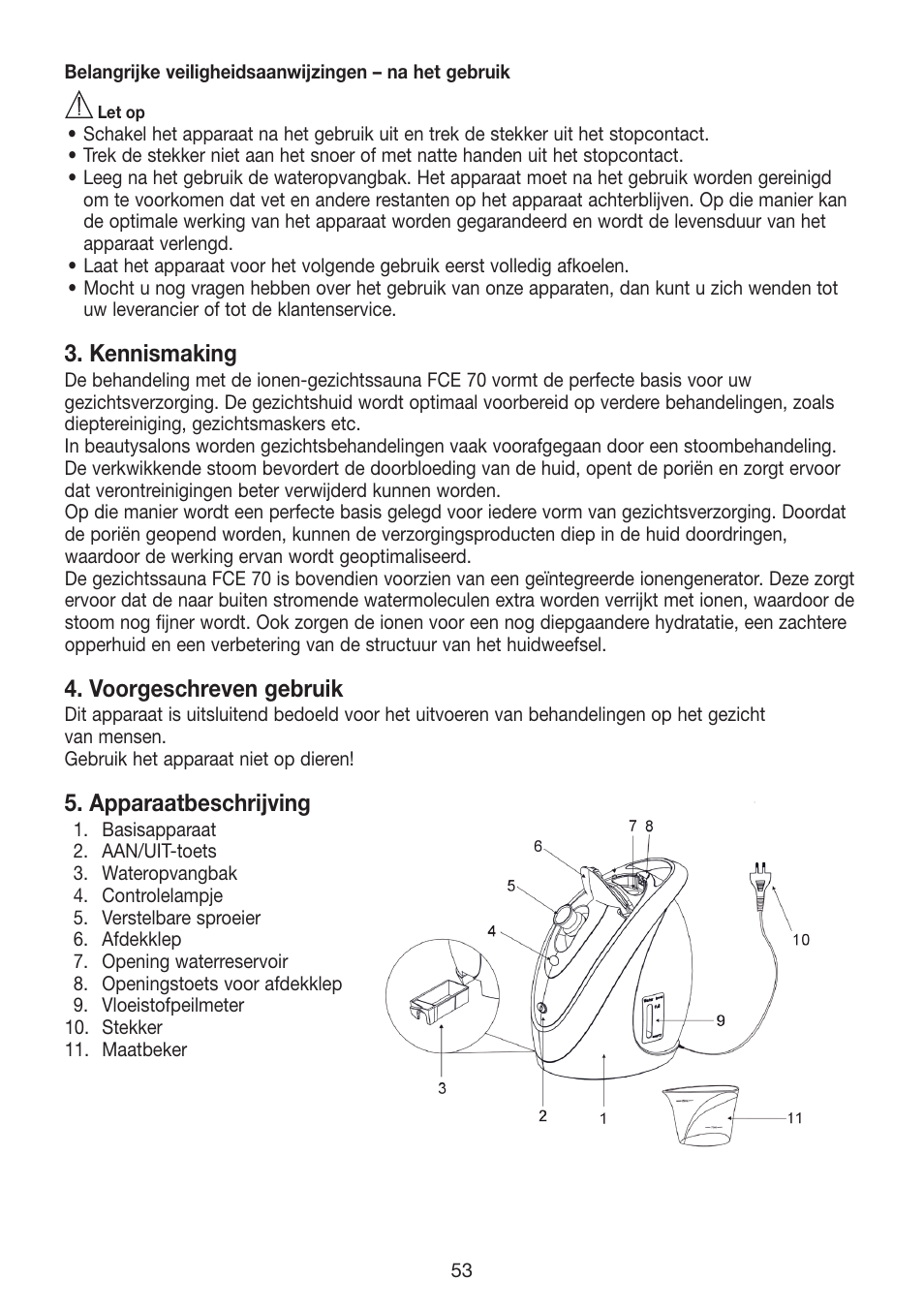 Kennismaking, Voorgeschreven gebruik, Apparaatbeschrijving | Beurer FCE 70 User Manual | Page 53 / 68