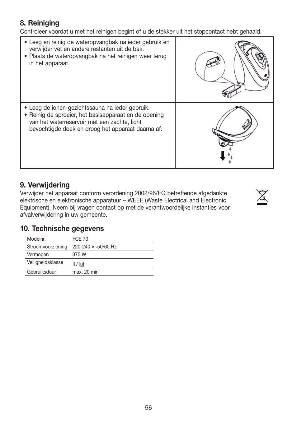 Reiniging, Verwijdering, Technische gegevens | Beurer FCE 70 User Manual | Page 56 / 68