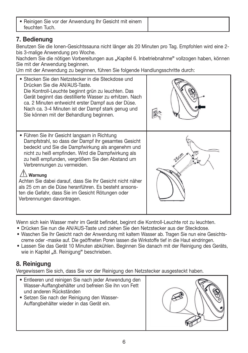 Bedienung, Reinigung | Beurer FCE 70 User Manual | Page 6 / 68