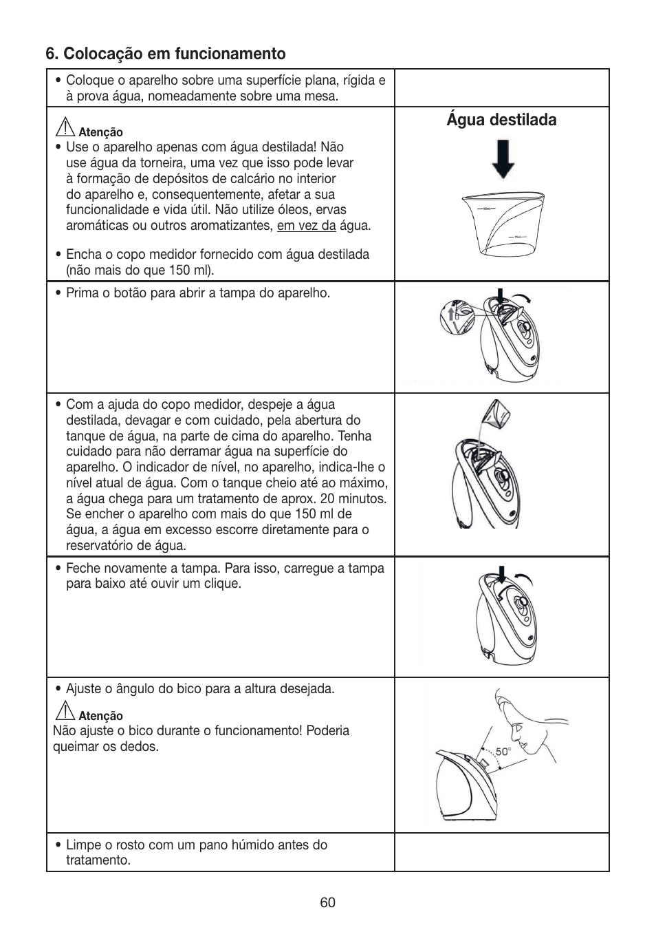 Colocação em funcionamento, Água destilada | Beurer FCE 70 User Manual | Page 60 / 68