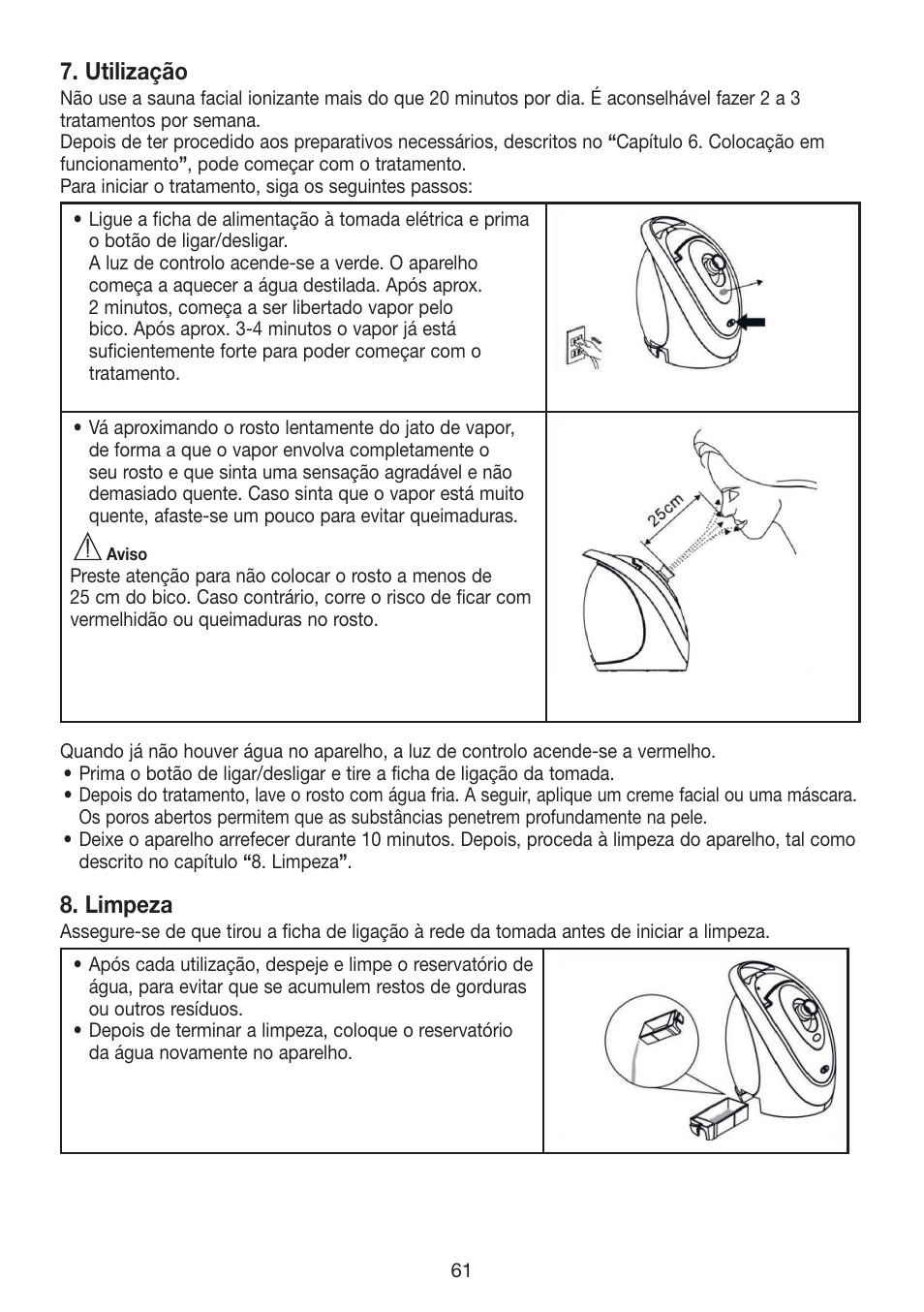 Utilização, Limpeza | Beurer FCE 70 User Manual | Page 61 / 68