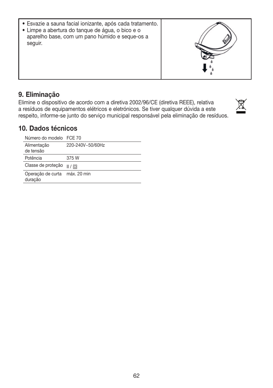 Eliminação, Dados técnicos | Beurer FCE 70 User Manual | Page 62 / 68