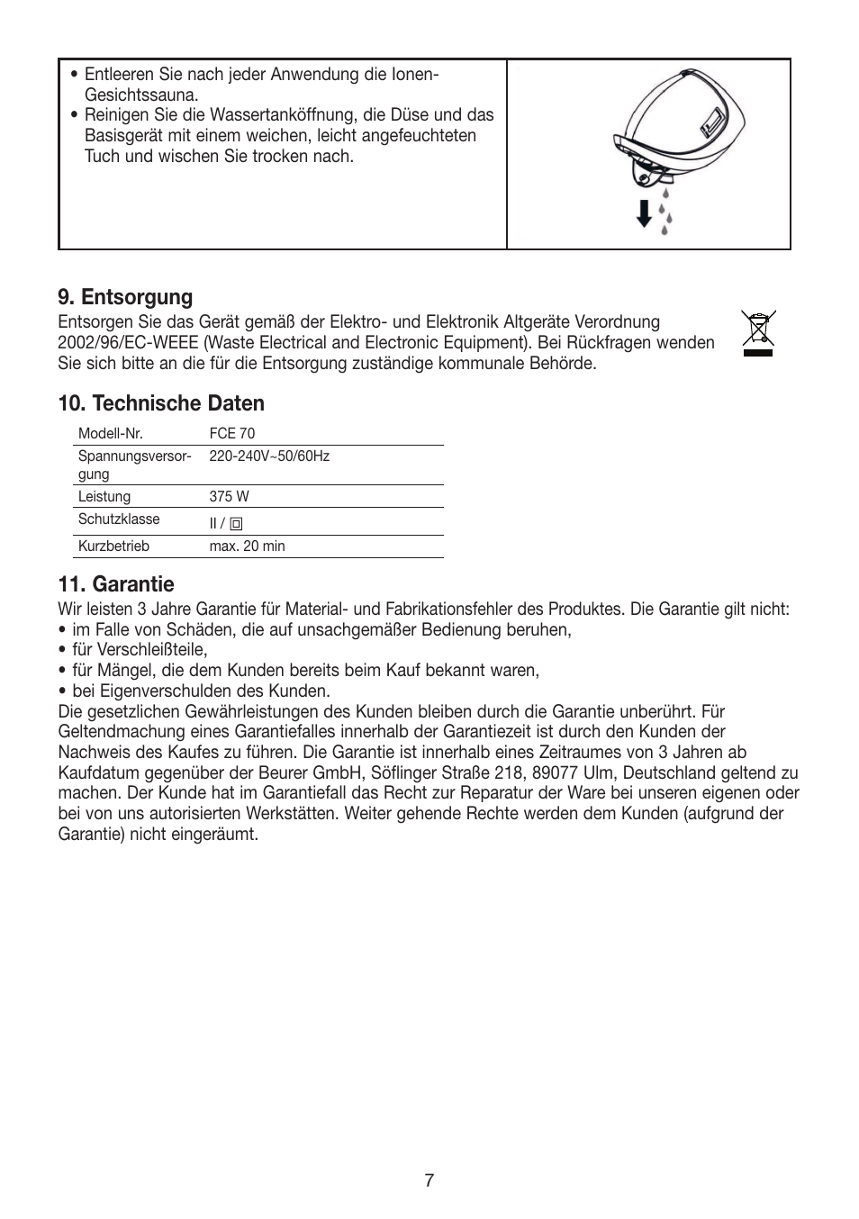 Entsorgung, Technische daten, Garantie | Beurer FCE 70 User Manual | Page 7 / 68