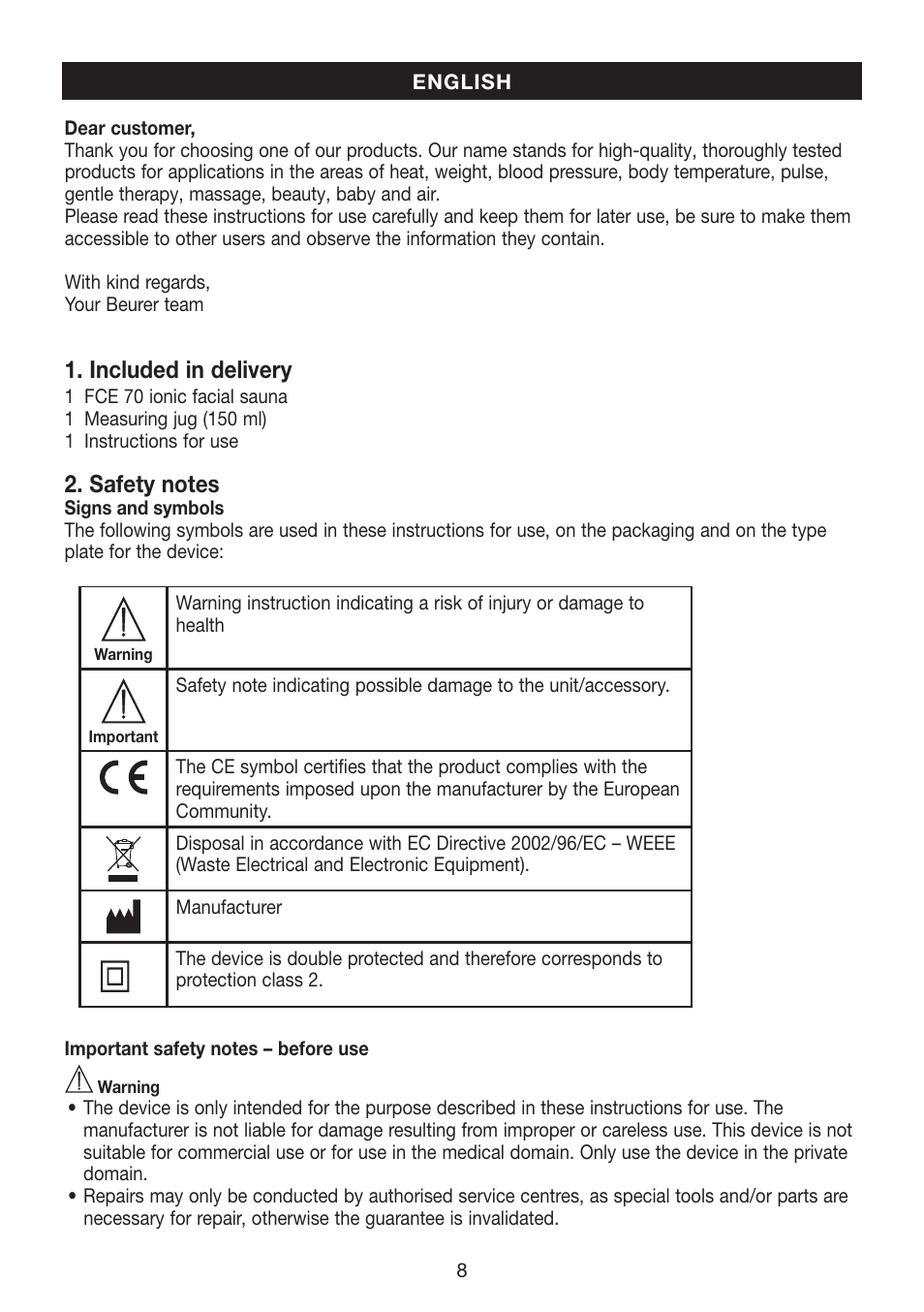 Included in delivery | Beurer FCE 70 User Manual | Page 8 / 68