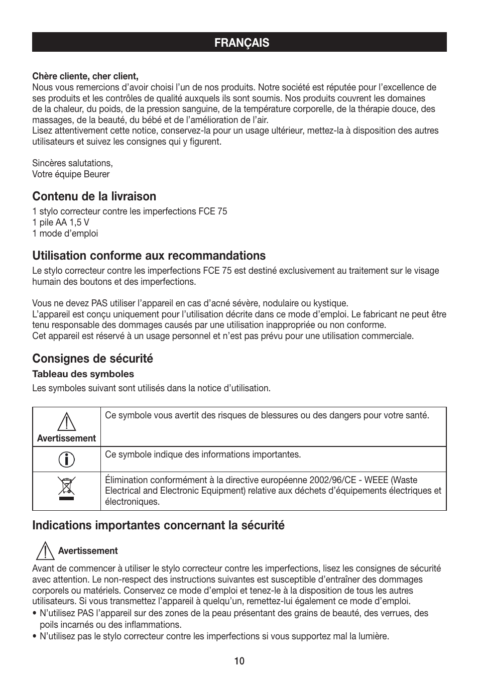 Contenu de la livraison, Utilisation conforme aux recommandations, Consignes de sécurité | Indications importantes concernant la sécurité | Beurer FCE 75 User Manual | Page 10 / 48