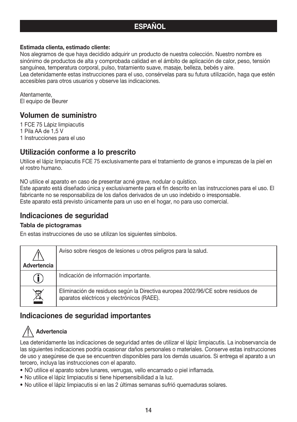 Volumen de suministro, Utilización conforme a lo prescrito, Indicaciones de seguridad | Indicaciones de seguridad importantes | Beurer FCE 75 User Manual | Page 14 / 48
