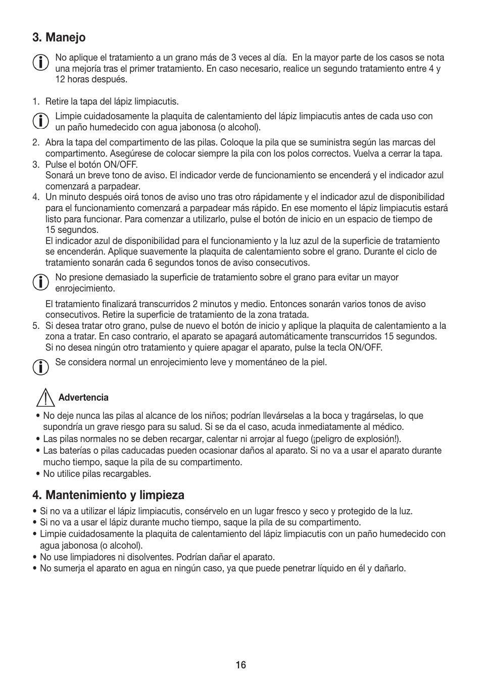 Manejo, Mantenimiento y limpieza | Beurer FCE 75 User Manual | Page 16 / 48