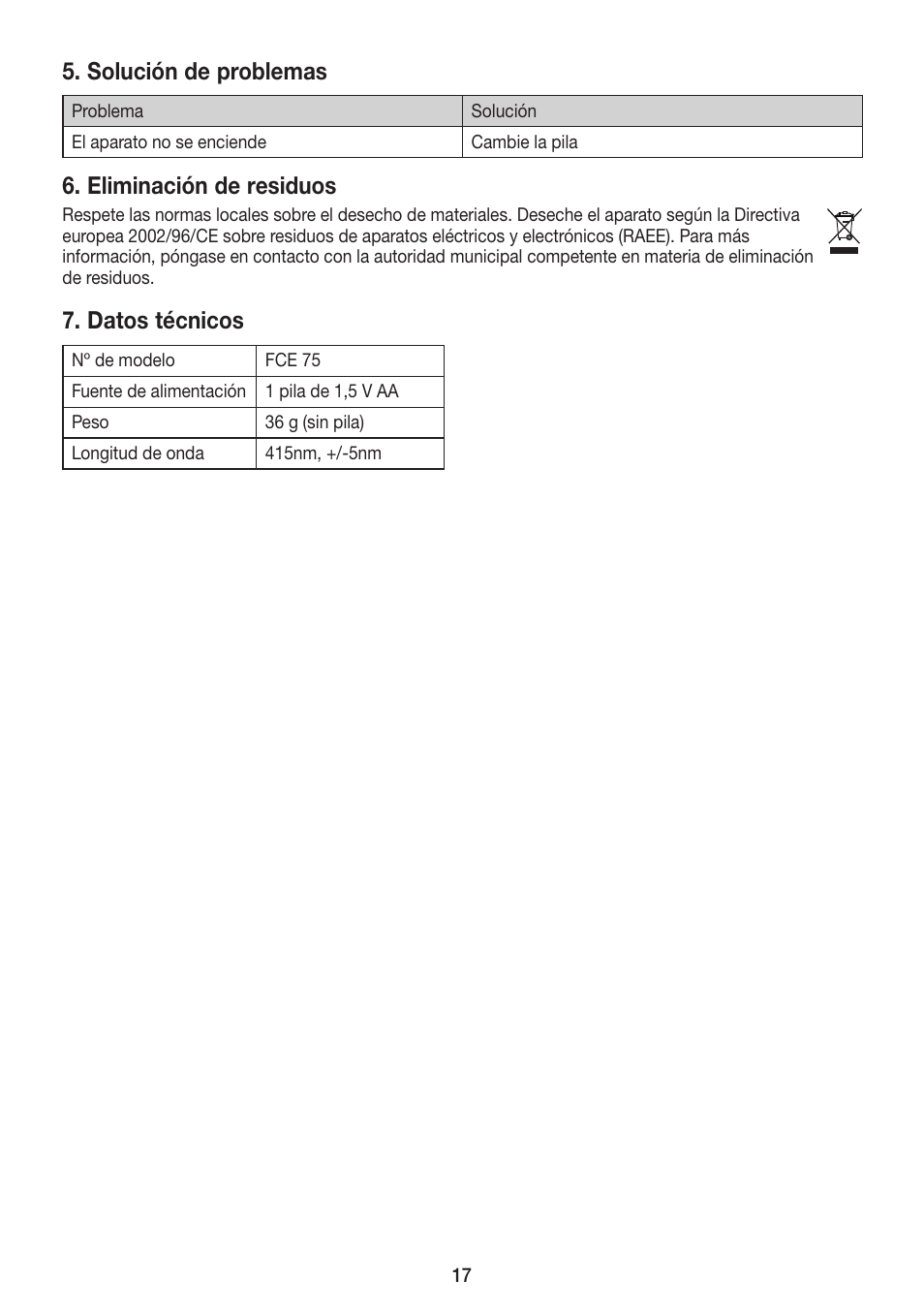Solución de problemas, Eliminación de residuos, Datos técnicos | Beurer FCE 75 User Manual | Page 17 / 48