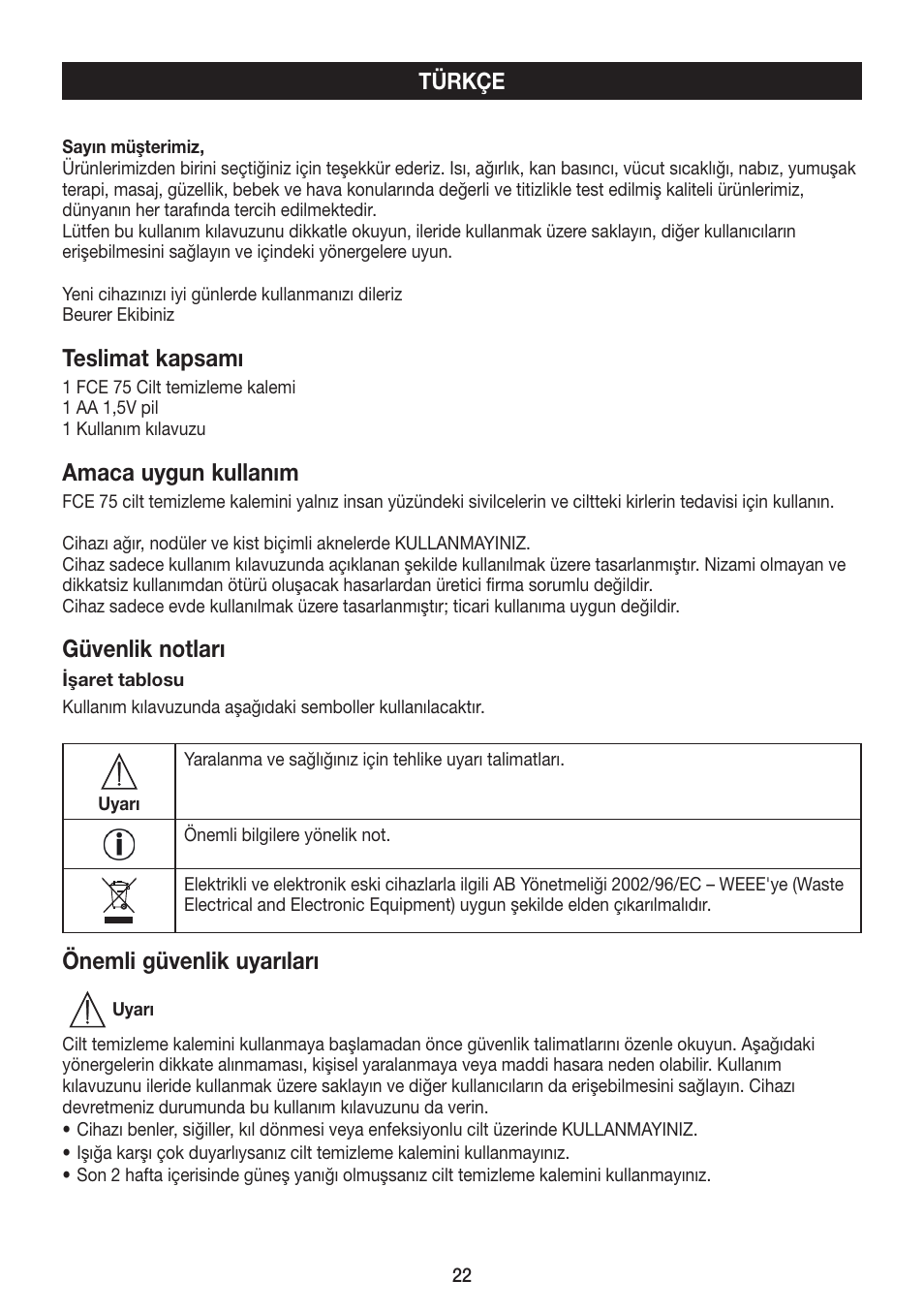 Teslimat kapsamı, Amaca uygun kullanım, Güvenlik notları | Önemli güvenlik uyarıları | Beurer FCE 75 User Manual | Page 22 / 48