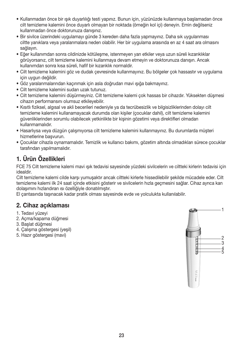 Ürün özellikleri, Cihaz açıklaması | Beurer FCE 75 User Manual | Page 23 / 48
