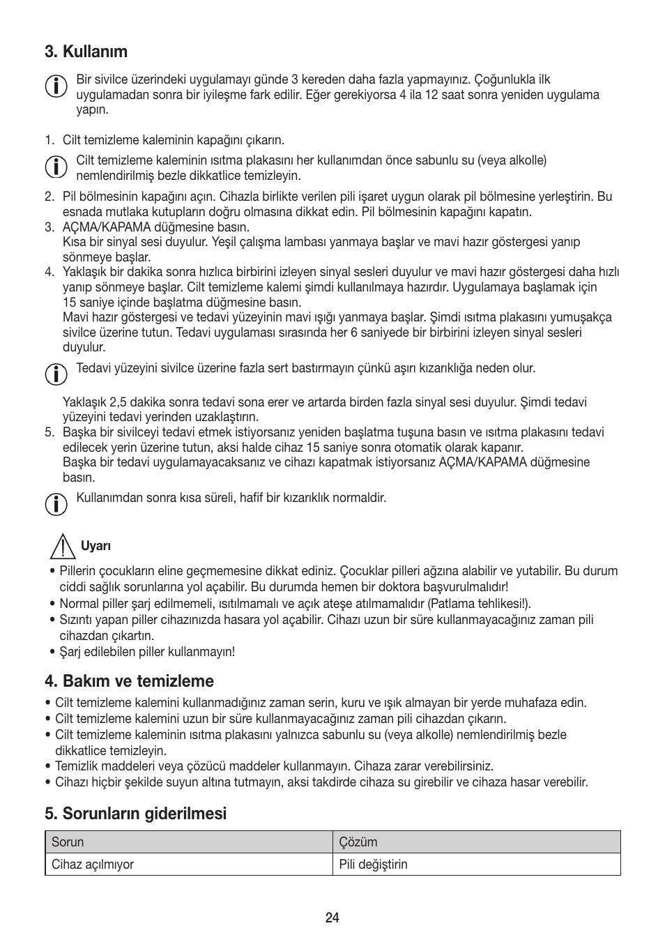 Kullanım, Bakım ve temizleme, Sorunların giderilmesi | Beurer FCE 75 User Manual | Page 24 / 48