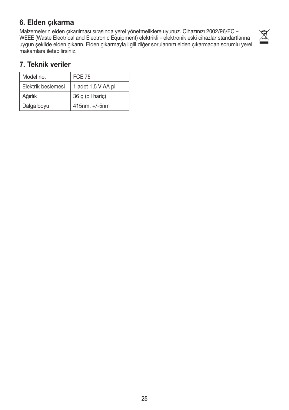 Elden çıkarma, Teknik veriler | Beurer FCE 75 User Manual | Page 25 / 48