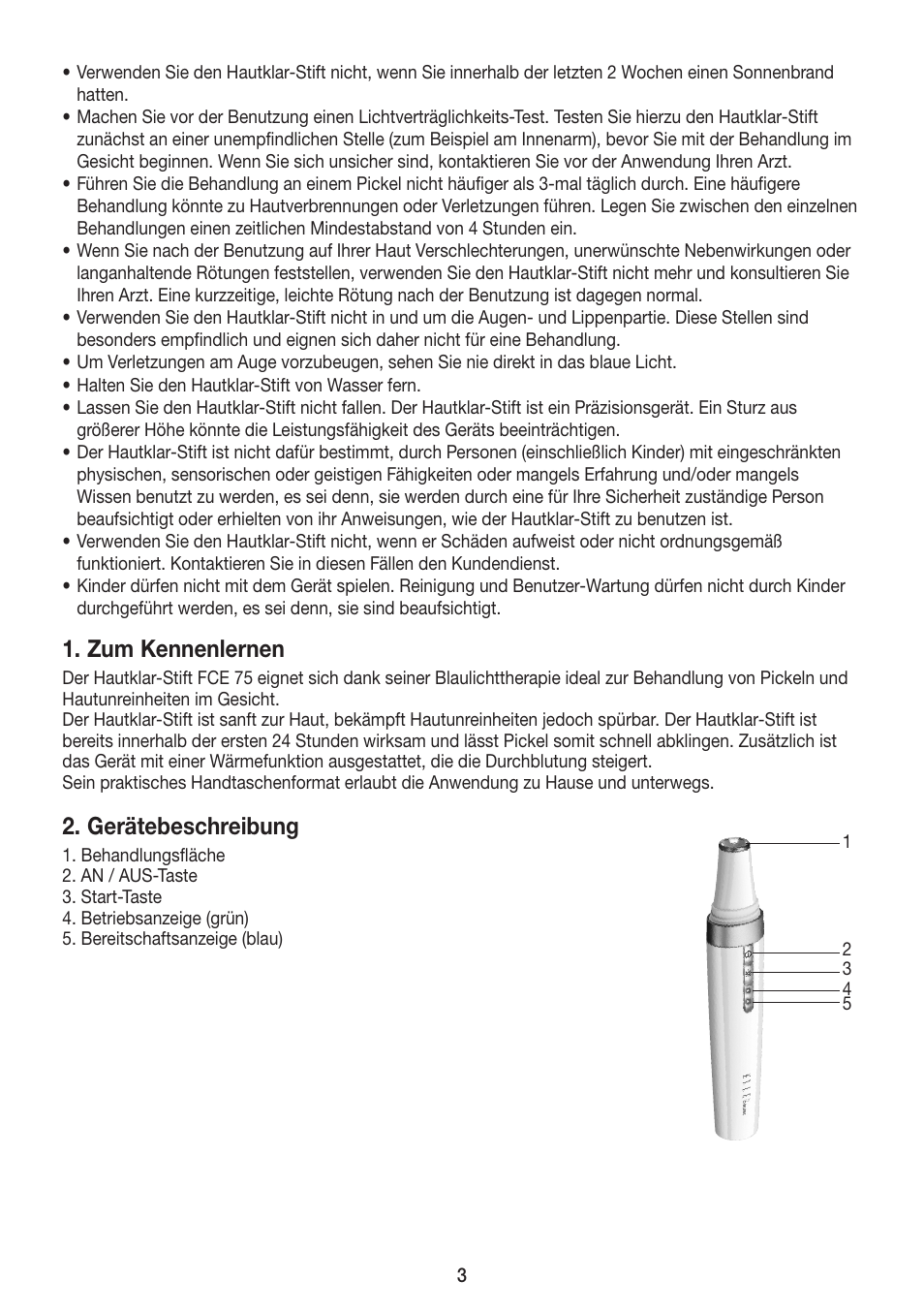 Zum kennenlernen, Gerätebeschreibung | Beurer FCE 75 User Manual | Page 3 / 48