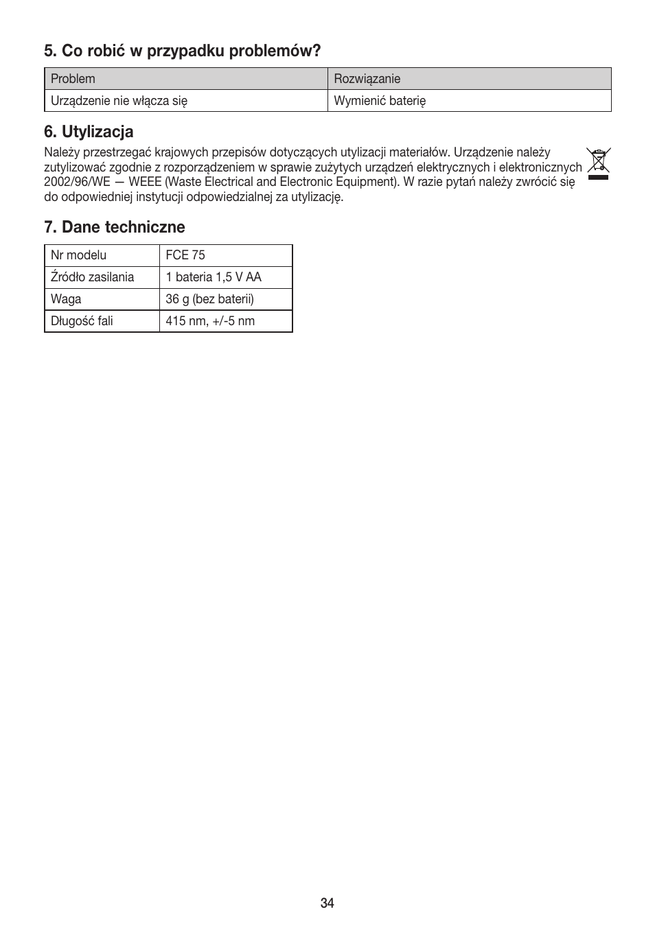 Co robić w przypadku problemów, Utylizacja, Dane techniczne | Beurer FCE 75 User Manual | Page 34 / 48