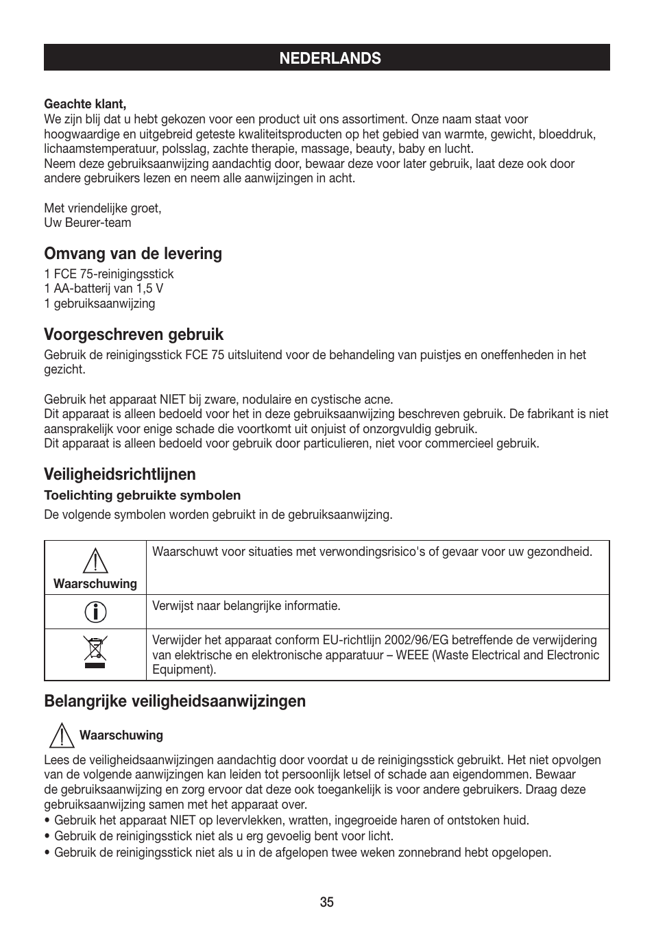 Omvang van de levering, Voorgeschreven gebruik, Veiligheidsrichtlijnen | Belangrijke veiligheidsaanwijzingen | Beurer FCE 75 User Manual | Page 35 / 48