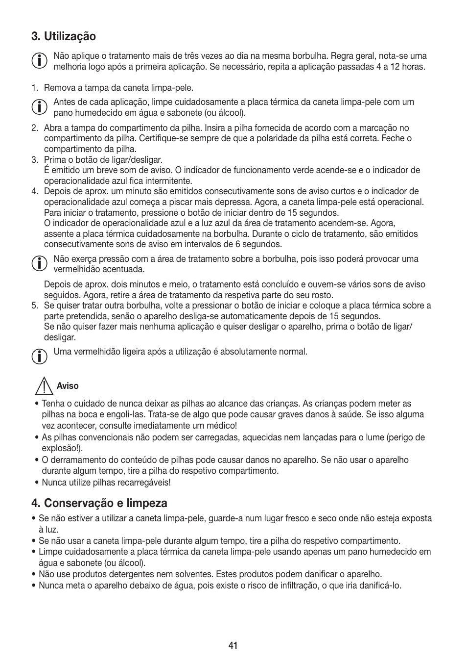 Utilização, Conservação e limpeza | Beurer FCE 75 User Manual | Page 41 / 48