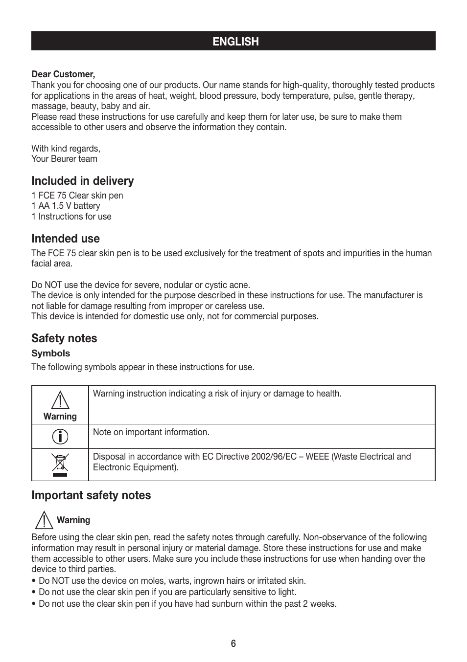 Included in delivery, Intended use | Beurer FCE 75 User Manual | Page 6 / 48