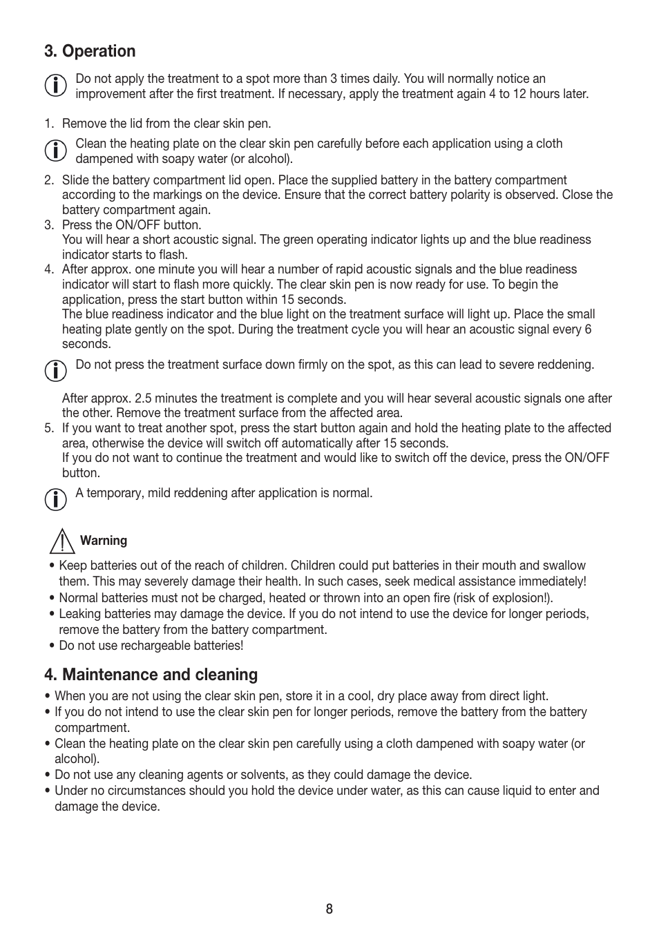 Operation, Maintenance and cleaning | Beurer FCE 75 User Manual | Page 8 / 48