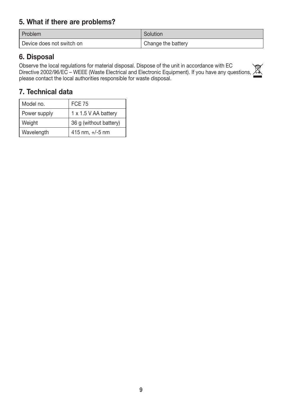 What if there are problems, Disposal, Technical data | Beurer FCE 75 User Manual | Page 9 / 48