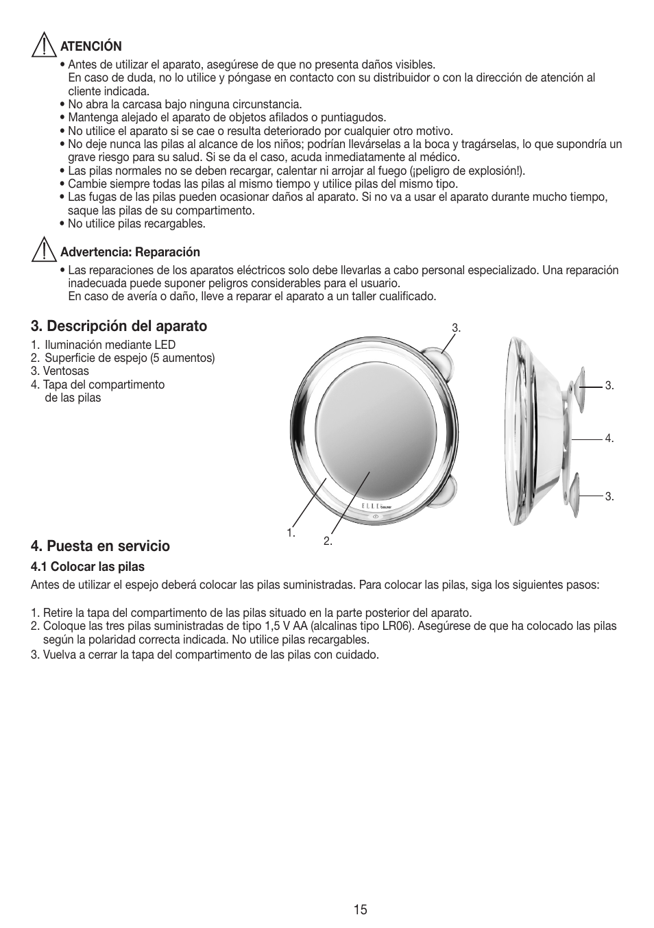 Descripción del aparato, Puesta en servicio | Beurer FCE 79 User Manual | Page 15 / 44