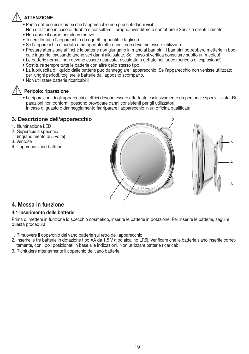 Descrizione dell'apparecchio, Messa in funzione | Beurer FCE 79 User Manual | Page 19 / 44
