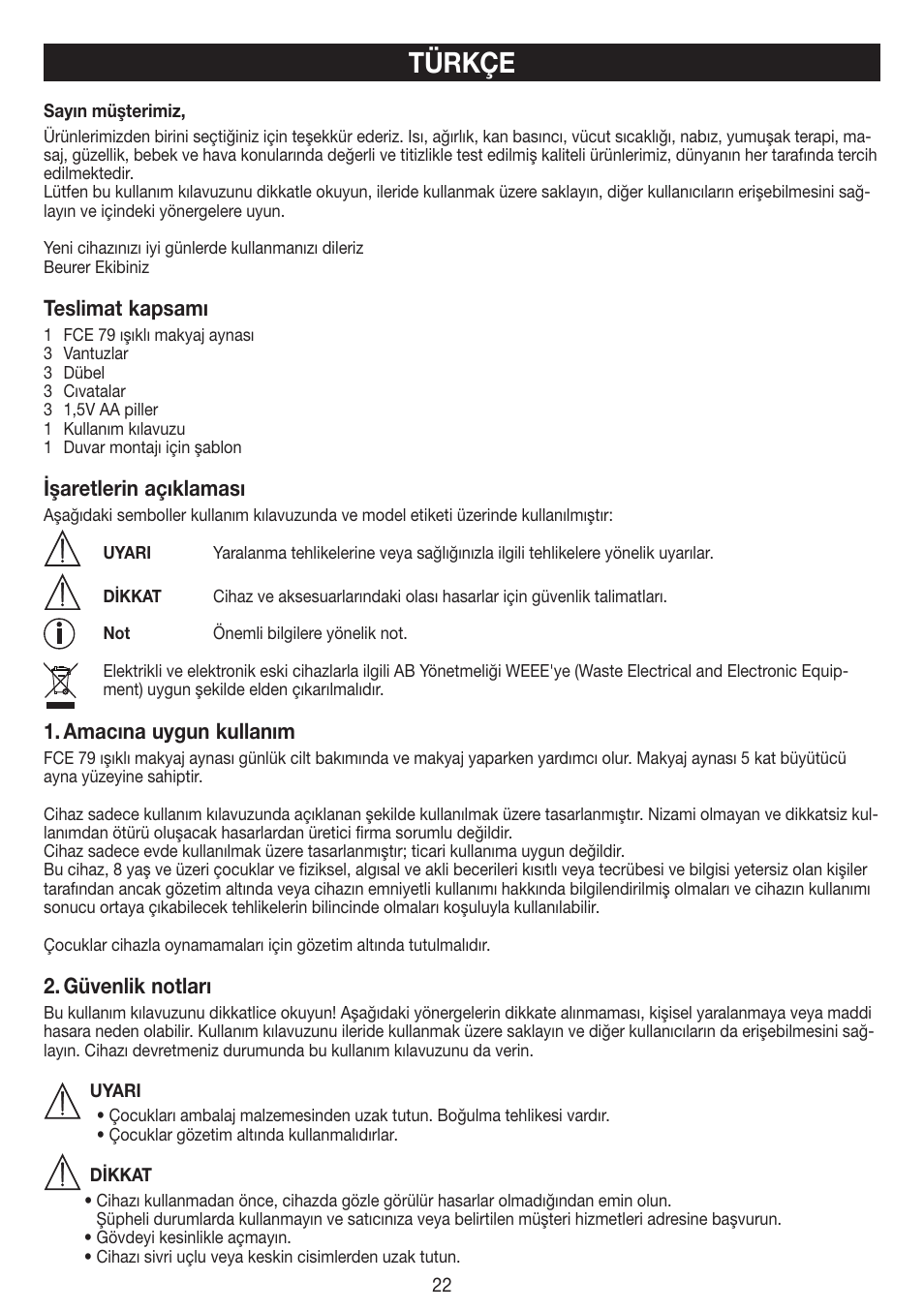 Türkçe | Beurer FCE 79 User Manual | Page 22 / 44