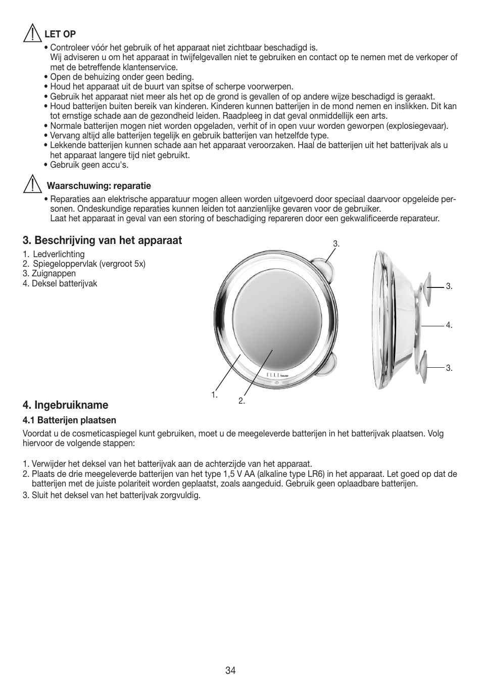 Beschrijving van het apparaat, Ingebruikname | Beurer FCE 79 User Manual | Page 34 / 44