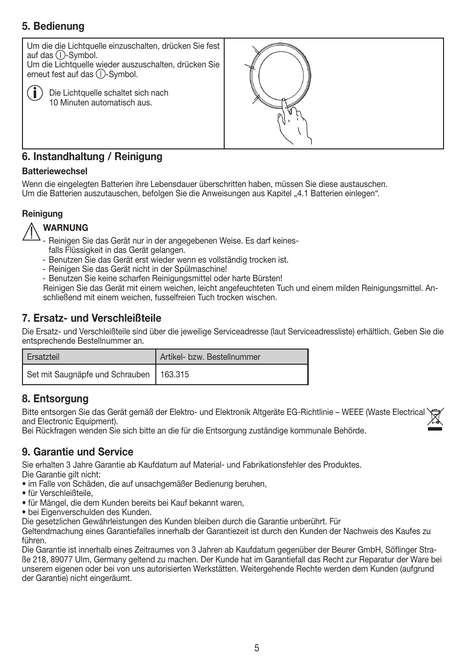 Bedienung, Instandhaltung / reinigung, Ersatz- und verschleißteile | Entsorgung, Garantie und service | Beurer FCE 79 User Manual | Page 5 / 44