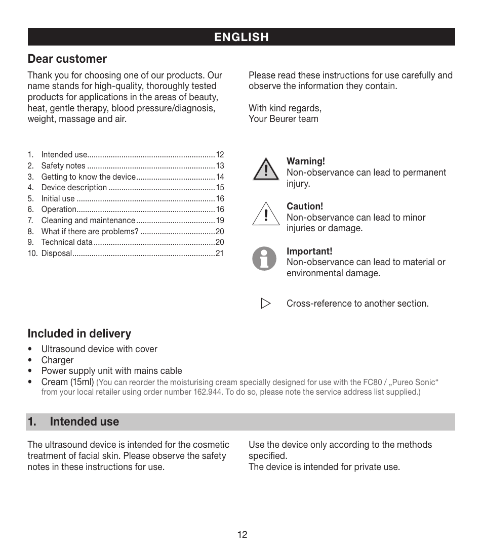 Dear customer, Included in delivery, Intended use | Beurer FCE 80 User Manual | Page 12 / 82