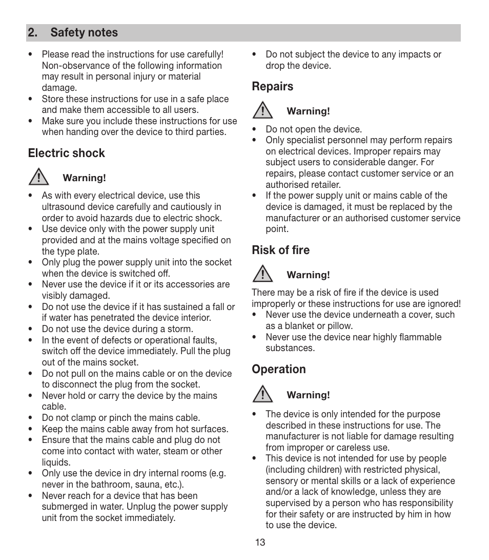 Electric shock, Repairs, Risk of fire | Operation | Beurer FCE 80 User Manual | Page 13 / 82