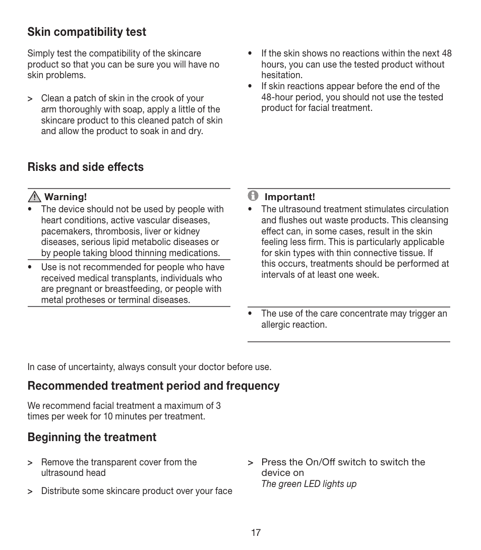 Skin compatibility test, Risks and side effects, Recommended treatment period and frequency | Beginning the treatment | Beurer FCE 80 User Manual | Page 17 / 82